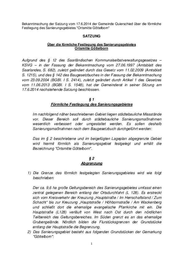 Satzung über die förmliche Festlegung des Sanierungsgebietes Ortsmitte Göttelborn (2014)